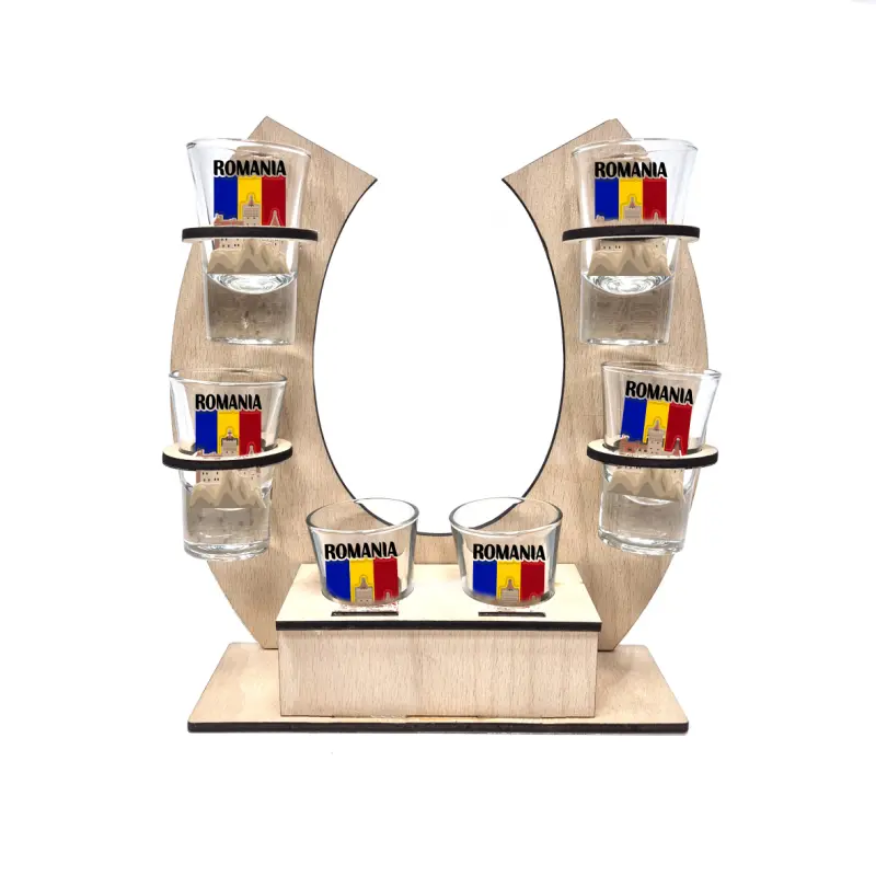 Castelul bran romania, suport potcoava din lemn cu 6 pahare tip shout, model hgs044